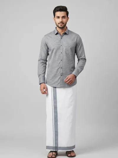 Men Greyish Blue Matching Border Dhoti With Printed Shirt Set Windsor HNJ1
